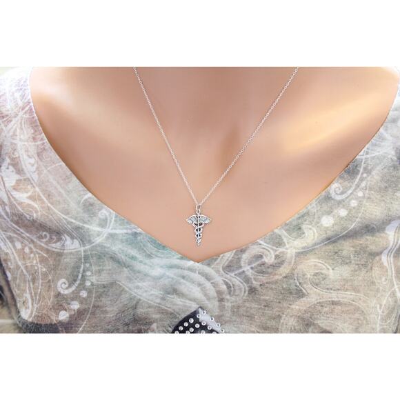 Sterling Silver Medical Staff Charm Necklace, Medical Staff Pendant Necklace - Picture 3 of 3